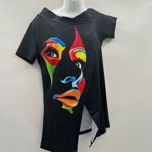 Face Printed High-Neck Tunic Top - Black, Red, Green, Size M